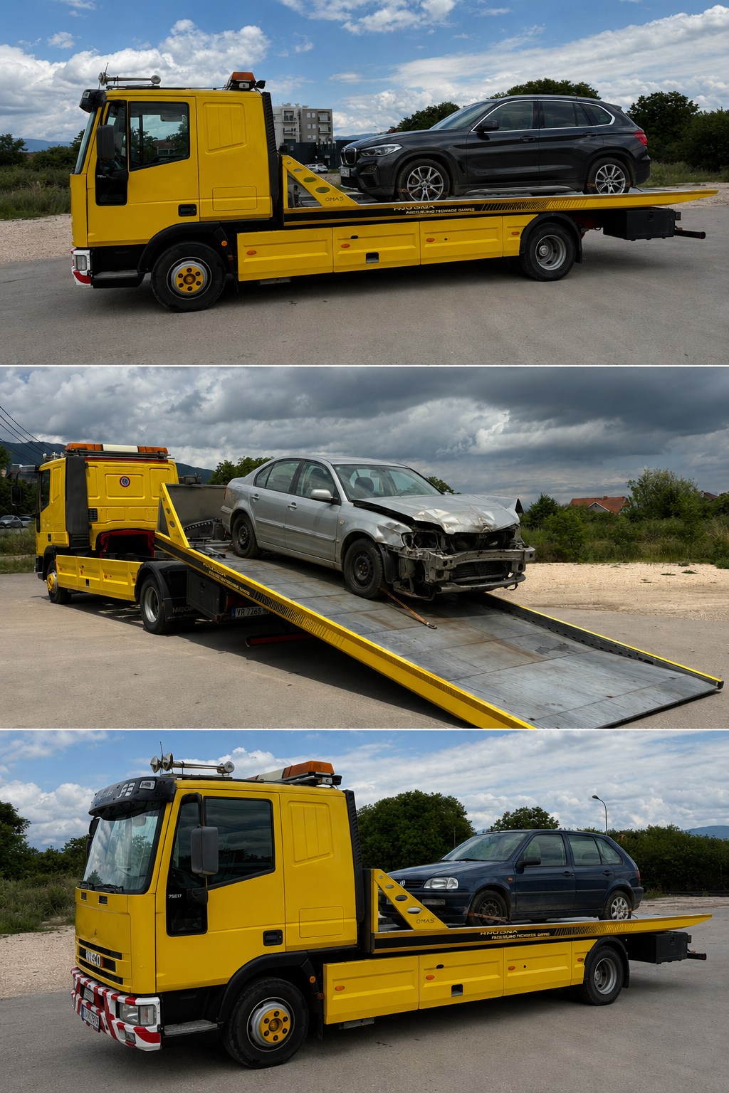 Žuto šleper vozilo za transport automobila, bočni pogled